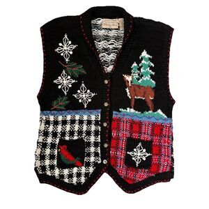 Vintage Christina Hope Hand Knit Winter Vest Deer Cardinal Pattern XL